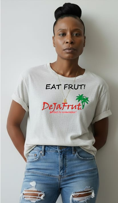 Wearing the DeJaFrut &ldquo;Eat Frut!&rdquo; tee