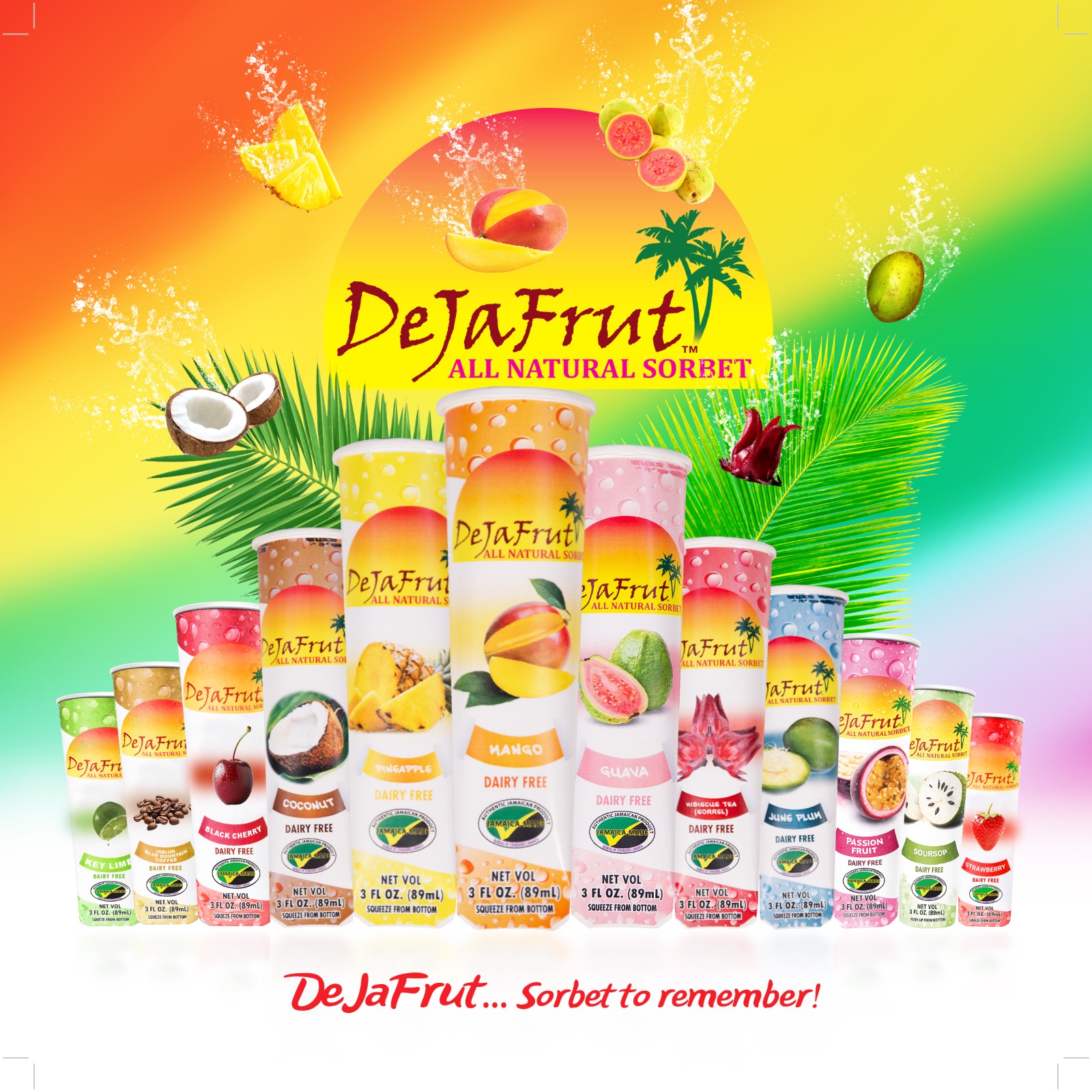 DeJaFrut all-natural sorbet range: Coconut, Pineapple, Mango, Guava, Hibiscus Tea and June Plum. Sorbet to remember.