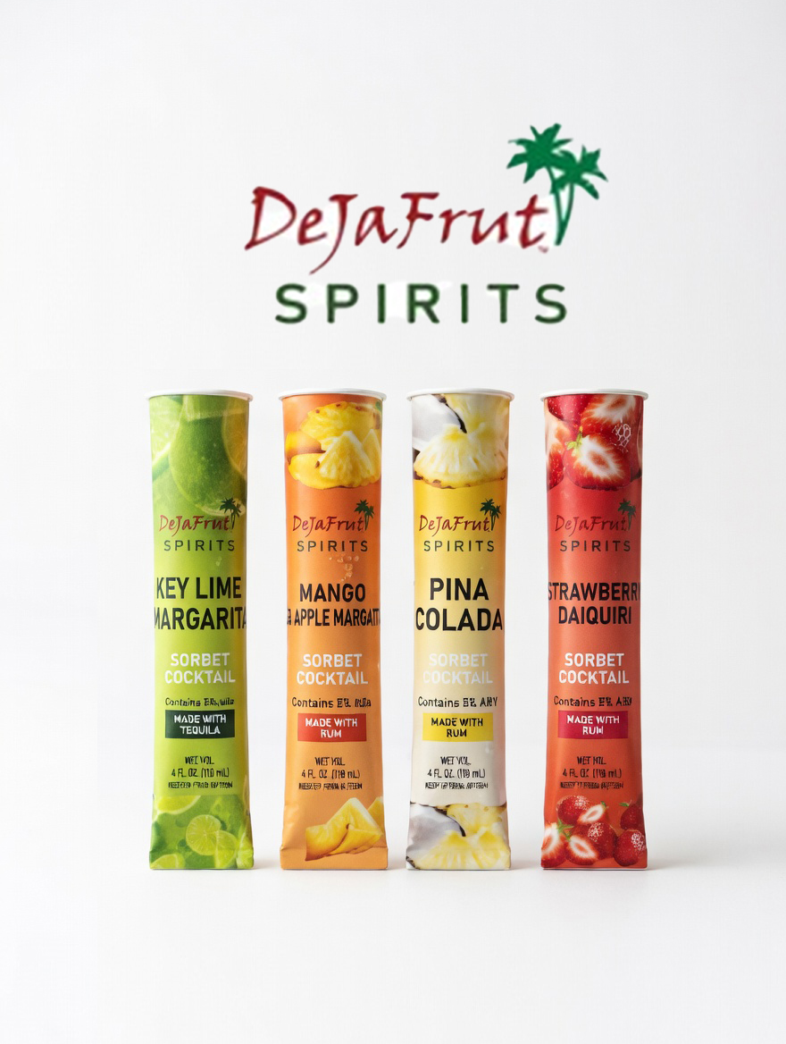 DeJaFrut Spirits lineup: Key Lime Margarita, Mango Pineapple Margarita, Piña Colada and Strawberry Daiquiri sorbet cocktails