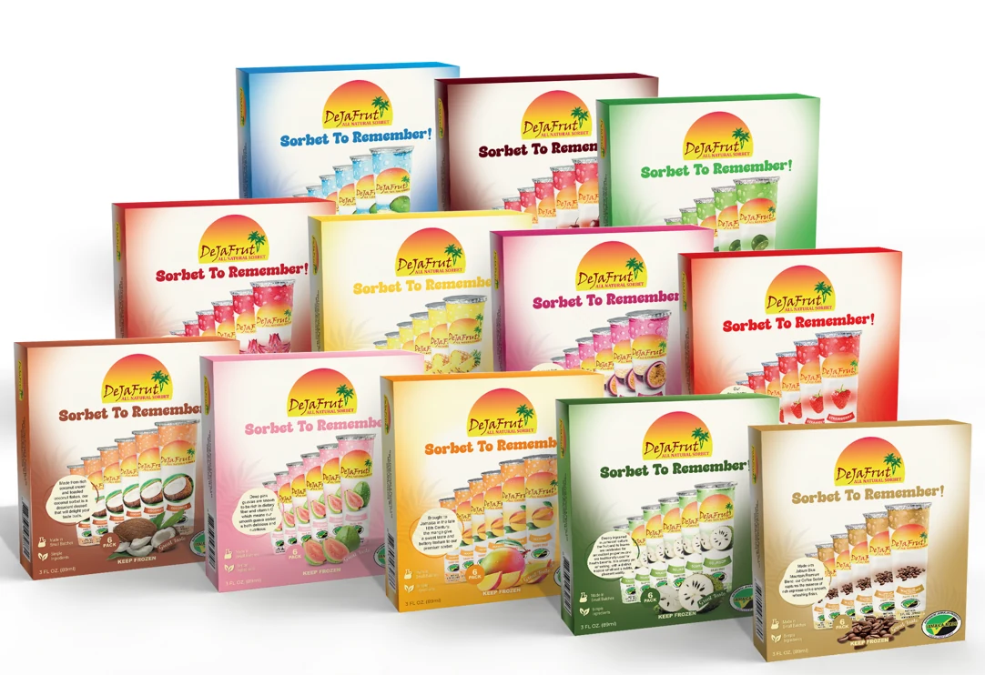 The DeJaFrut retail range: six-pack boxes of Coconut, Guava, Mango, Pineapple, Soursop, Key Lime, Strawberry, Passion Fruit, Hibiscus Tea, June Plum, Black Cherry and Blue Mountain Coffee sorbet.